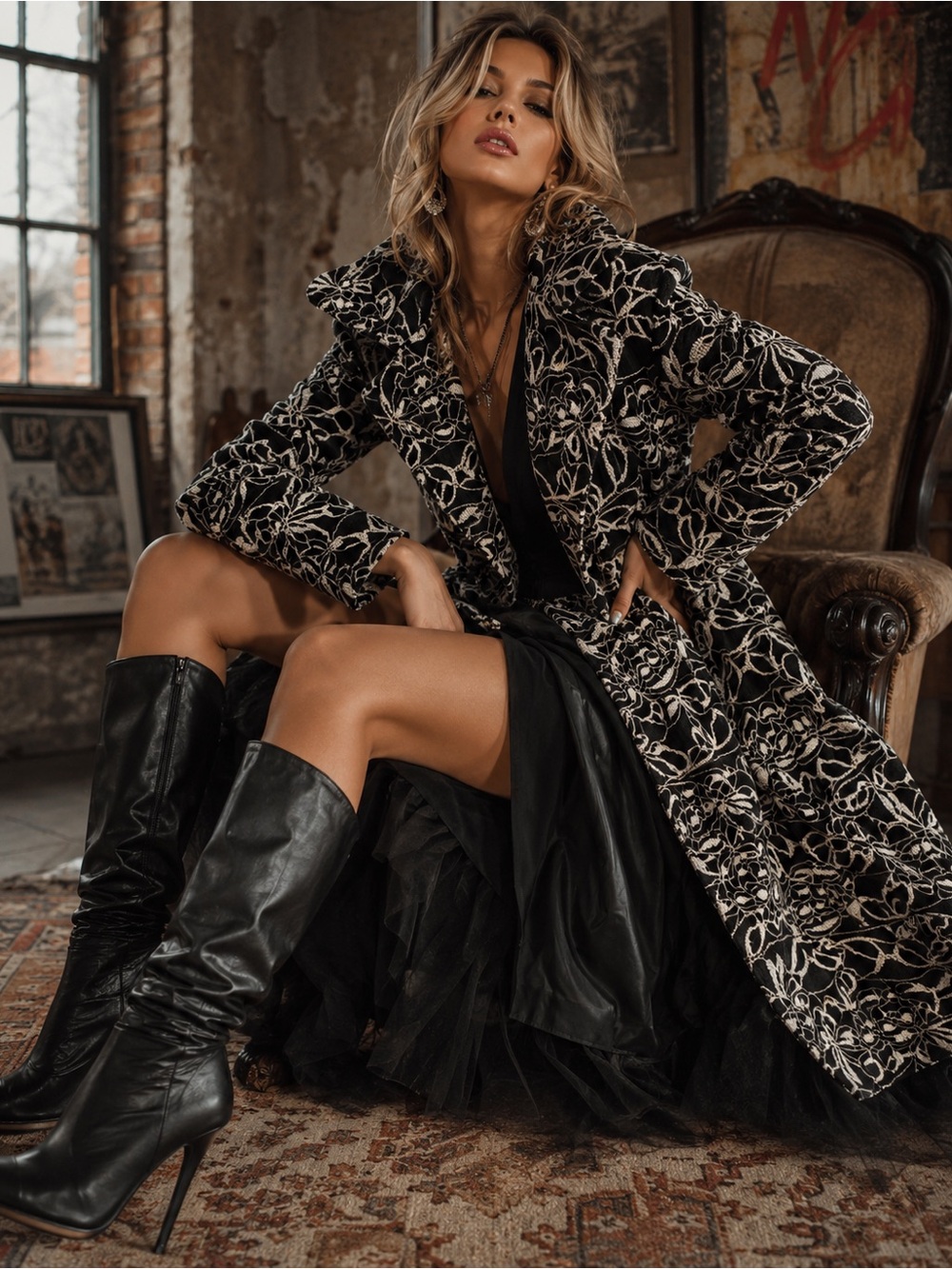 Ryu Anthropologie Black and Cream Floral Lace Layered Coat/Dress